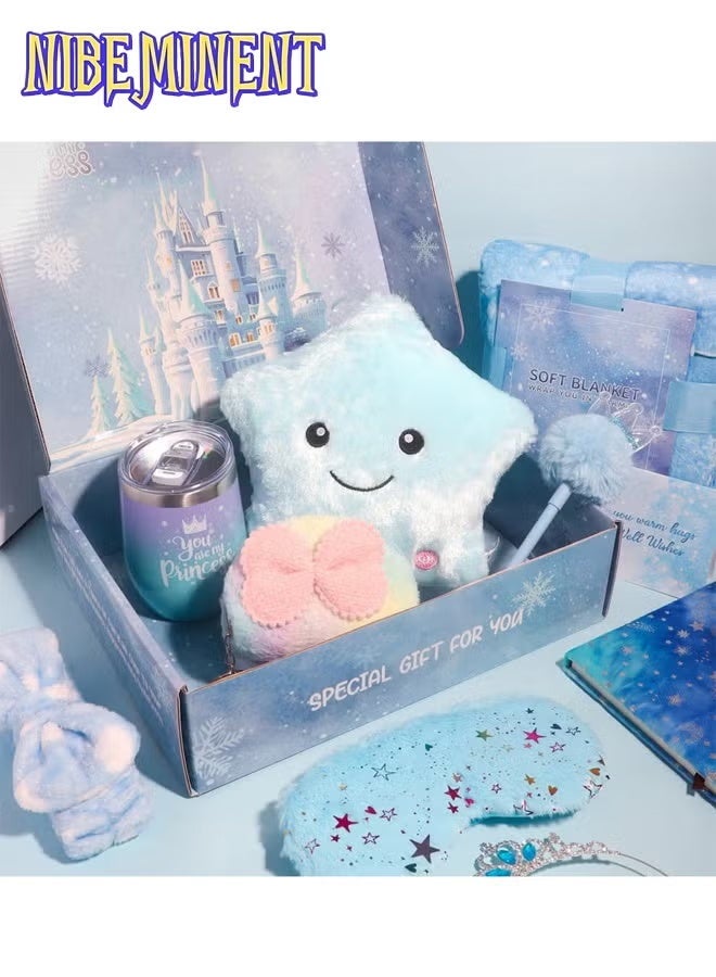 NIBEMINENT مجموعة هدايا بوينتي آيس ستار للفتيات من عمر 6-10 سنوات، مجموعة هدايا نجمة للفتيات، هدايا للفتيات مع بطانية زرقاء وقناع عين وكوب، هدايا عيد الميلاد وعيد الأطفال للفتيات (أزرق) - Image 3