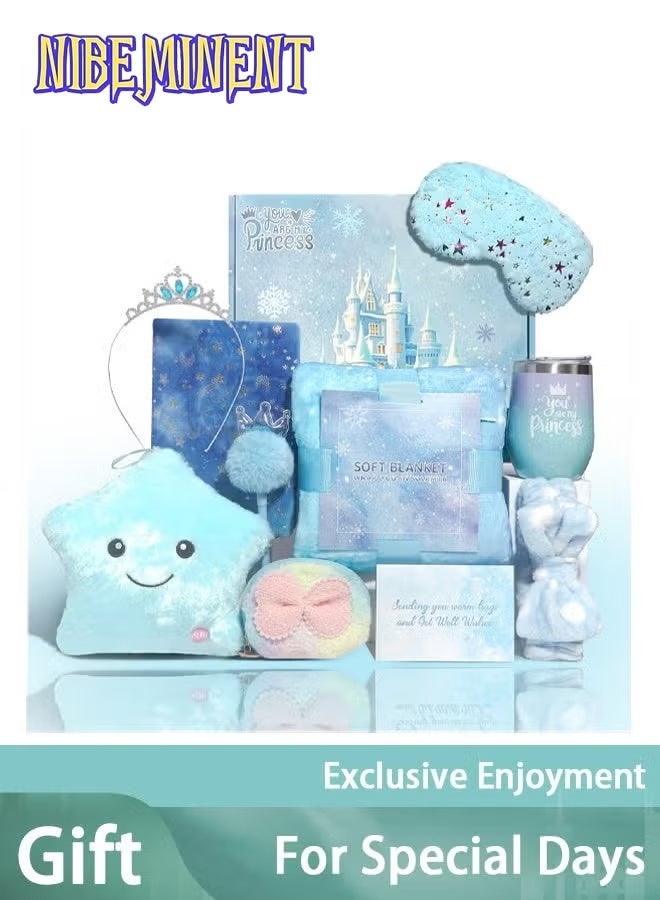 NIBEMINENT مجموعة هدايا بوينتي آيس ستار للفتيات من عمر 6-10 سنوات، مجموعة هدايا نجمة للفتيات، هدايا للفتيات مع بطانية زرقاء وقناع عين وكوب، هدايا عيد الميلاد وعيد الأطفال للفتيات (أزرق) - Image 1