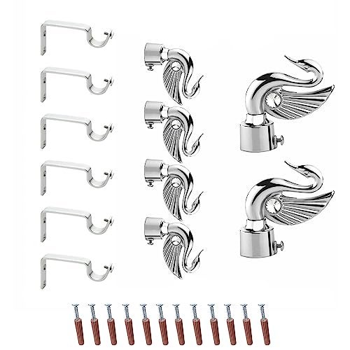 GLOXY Aluminium Swan Bird Shape Curtain Brackets - Parda Holder Set with Support 1 Inch Curtain Rod Holder Designer Door and Window Rod Support Fittings (Silver 3 Pair) - Image 1