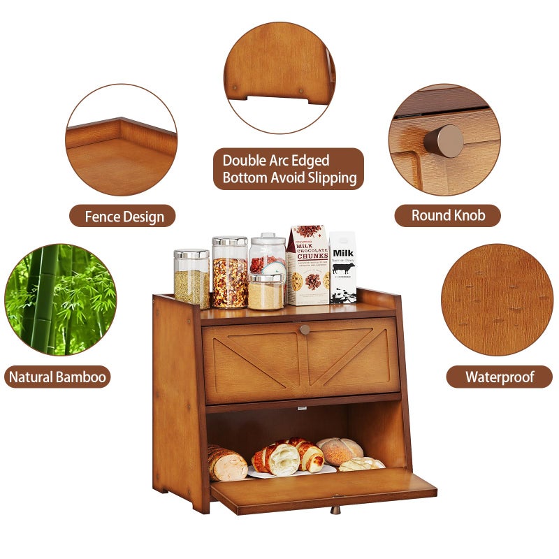 Trironsun Vintage Double Layer Bread Box for Kitchen Counter Bamboo Bread Storage Container Large Capacity Bread Storage Bin - Image 4