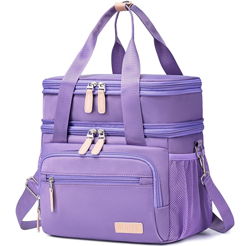 Weitars Insulated Lunch Box for Women MenDual Compartment Waterproof Reusable Large Lunch Bag WideOpen Tote Cooler Bag for Working Picnic Hiking 15L Purple