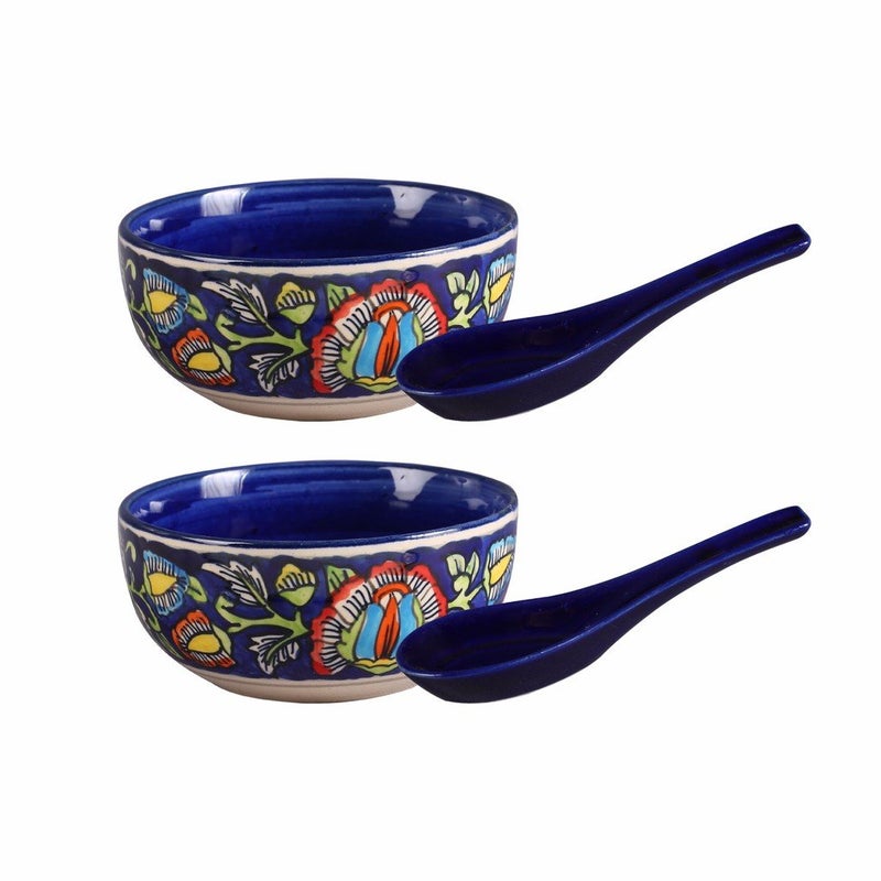 Caffeine Caffeine Ceramic Handmade Blue Jaipuri Soup Bowl with Spoon (Set of 2)