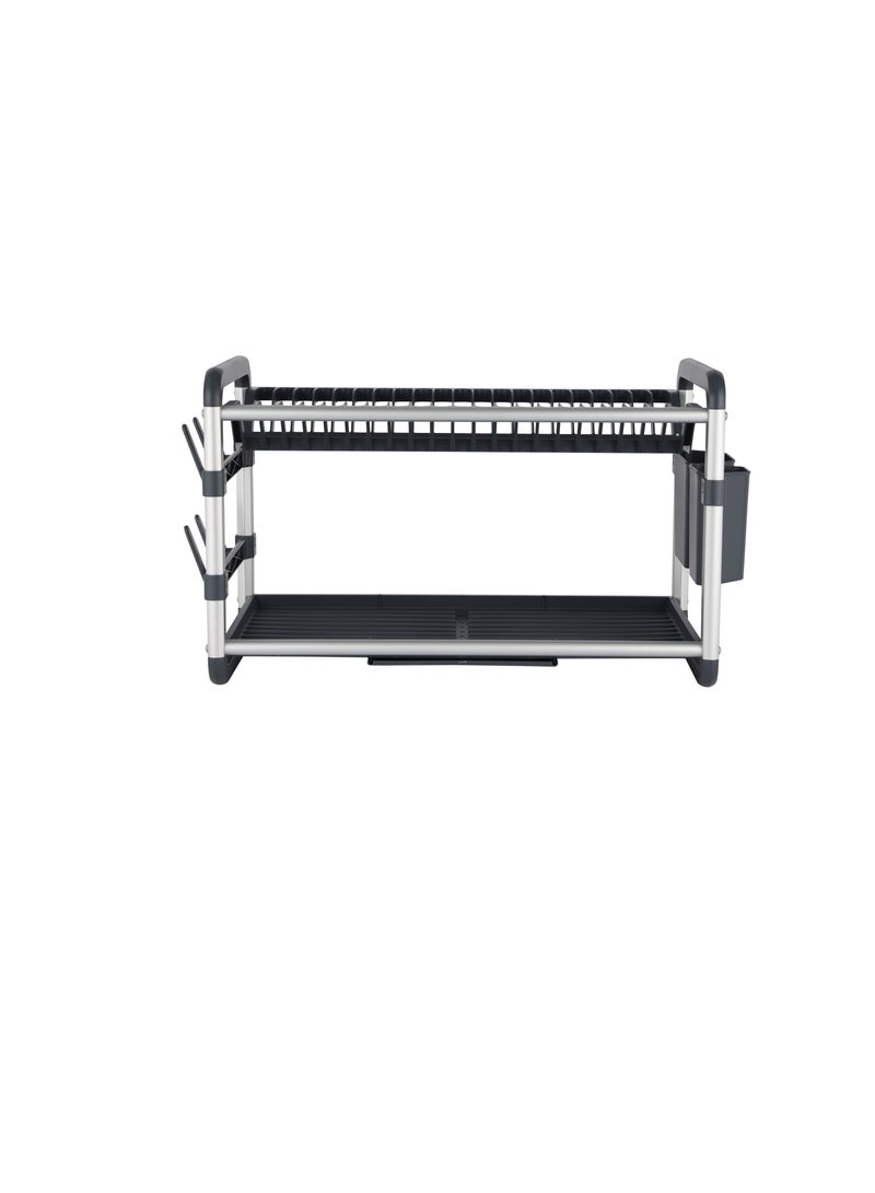 Royalford 2 layer Aluminum Dish Rack- RF12179/ Organizer for Kitchen to Keep 21 Plates, Bowls, Glasses, Cups, Cutlery/ Drying Stand with a Drain Tray, Compact and Stylish Design/ Rust-Proof - Image 1