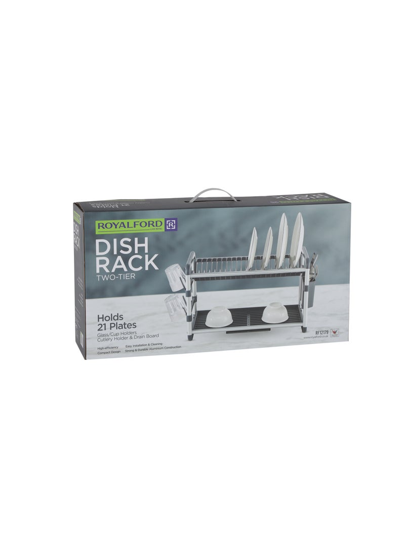 Royalford 2 layer Aluminum Dish Rack- RF12179/ Organizer for Kitchen to Keep 21 Plates, Bowls, Glasses, Cups, Cutlery/ Drying Stand with a Drain Tray, Compact and Stylish Design/ Rust-Proof - Image 5