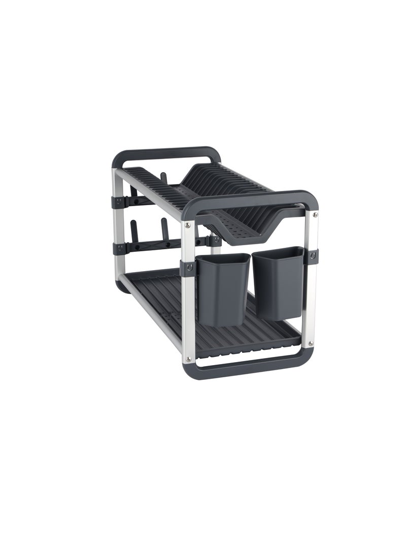 Royalford 2 layer Aluminum Dish Rack- RF12179/ Organizer for Kitchen to Keep 21 Plates, Bowls, Glasses, Cups, Cutlery/ Drying Stand with a Drain Tray, Compact and Stylish Design/ Rust-Proof - Image 2