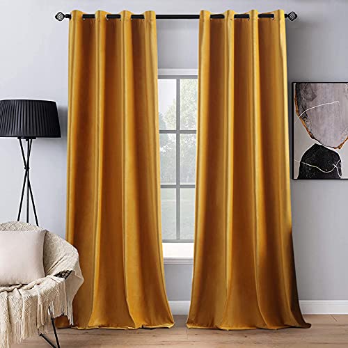 MIULEE 2 Panels Blackout Velvet Curtains Solid Soft Grommet Mustard Yellow Curtains Black Out Thermal Insulated Soundproof Room Darkening DrapesPanels for Fall Living Room Bedroom 52 x 96 Inch Length - Image 1