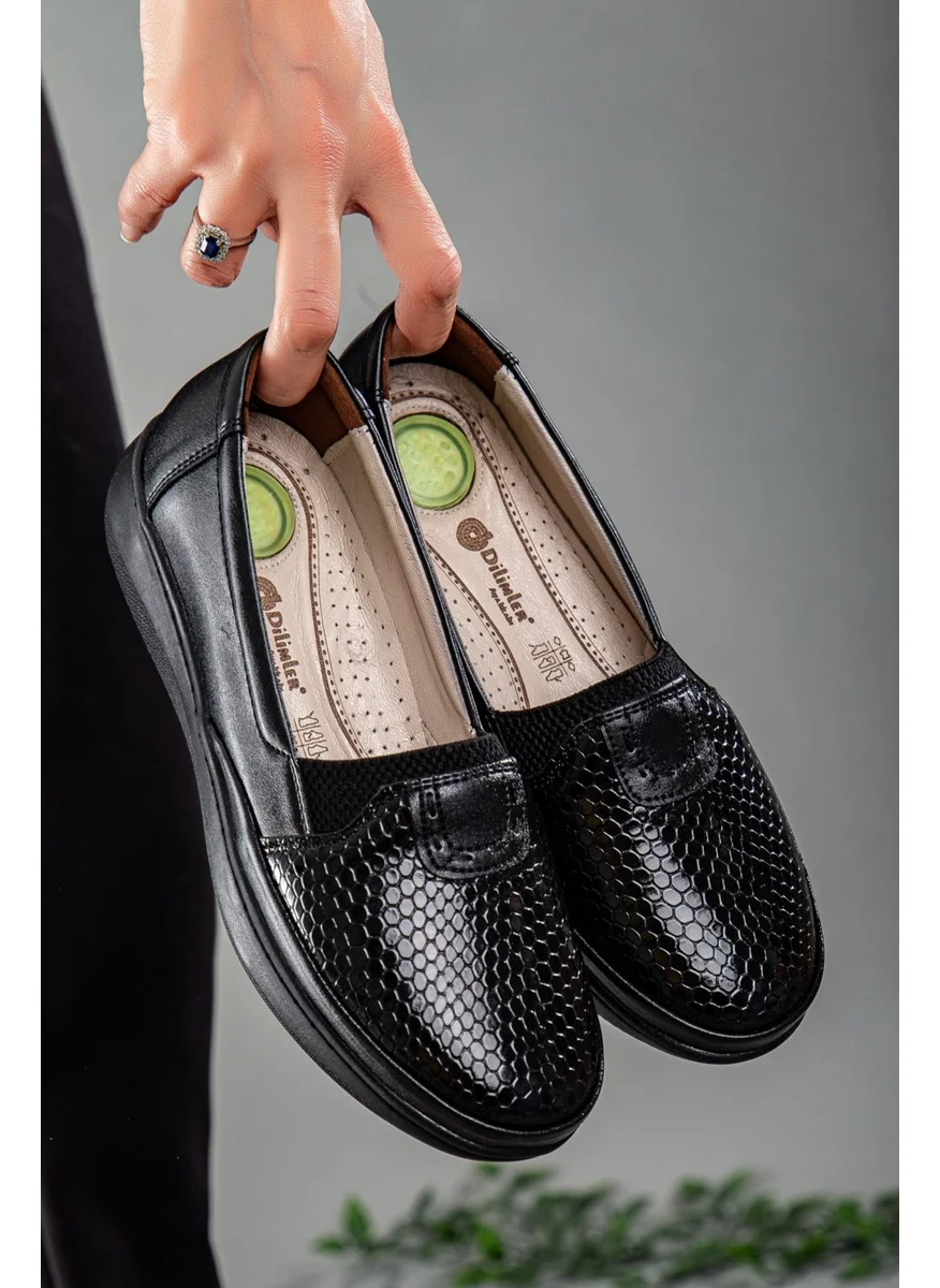 Dilimler Ayakkabı Slices Shoes Genuine Leather Face Shiny Black Women's Casual Shoes