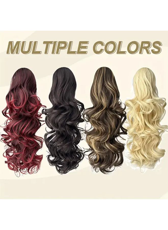 Heat Resistant Synthetic Hair Clip In Ponytail Wig 20 Inch Brown Burgundy Gradient Body Wave - Image 2