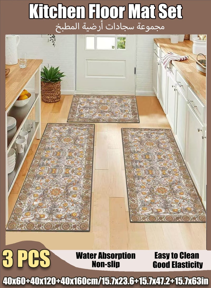 Kitchen Rug Mats Set, 3Pcs Crystal Velvet Floor Runner Mats – Non-Slip Absorbent Kitchen Carpets for Front of Sink & Hallway – Soft Standing Mats for Home, Kitchen & Bathroom Use - Image 1