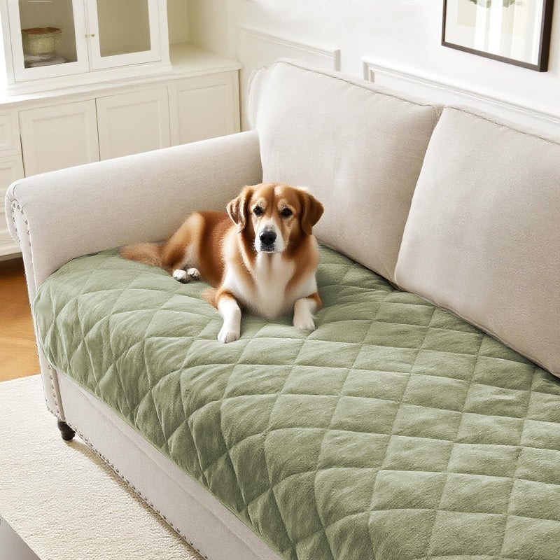 PrinceDeco Non Slip Couch Cover for Dogs Fluffy Pet Cover for Couch Checkered Chenille Sofa Slip Cover Pad Bed Mats Washable Furniture Protector for Puppy Cat Kids(36" x 60", Green) - Image 1
