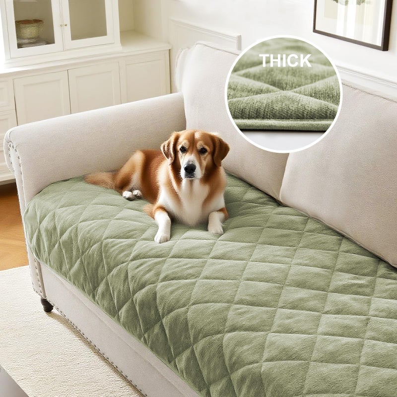 PrinceDeco Non Slip Couch Cover for Dogs Fluffy Pet Cover for Couch Checkered Chenille Sofa Slip Cover Pad Bed Mats Washable Furniture Protector for Puppy Cat Kids(36" x 60", Green) - Image 2
