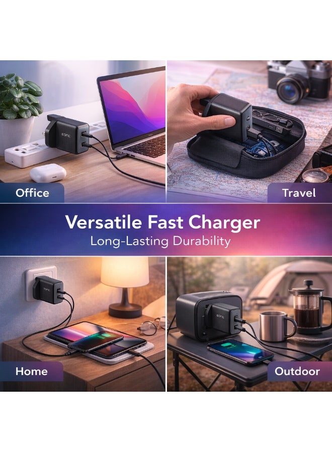 إيون شاحن EONE سريع الشحن بقوة 45 واط بمنفذي USB-C، قابس بريطاني، شاحن جداري سريع الشحن بتقنية PD مزود بمنفذي USB-C، شاحن صغير الحجم لأجهزة iPhone وSamsung والأجهزة اللوحية وأجهزة الكمبيوتر المحمولة - أسود - Image 5