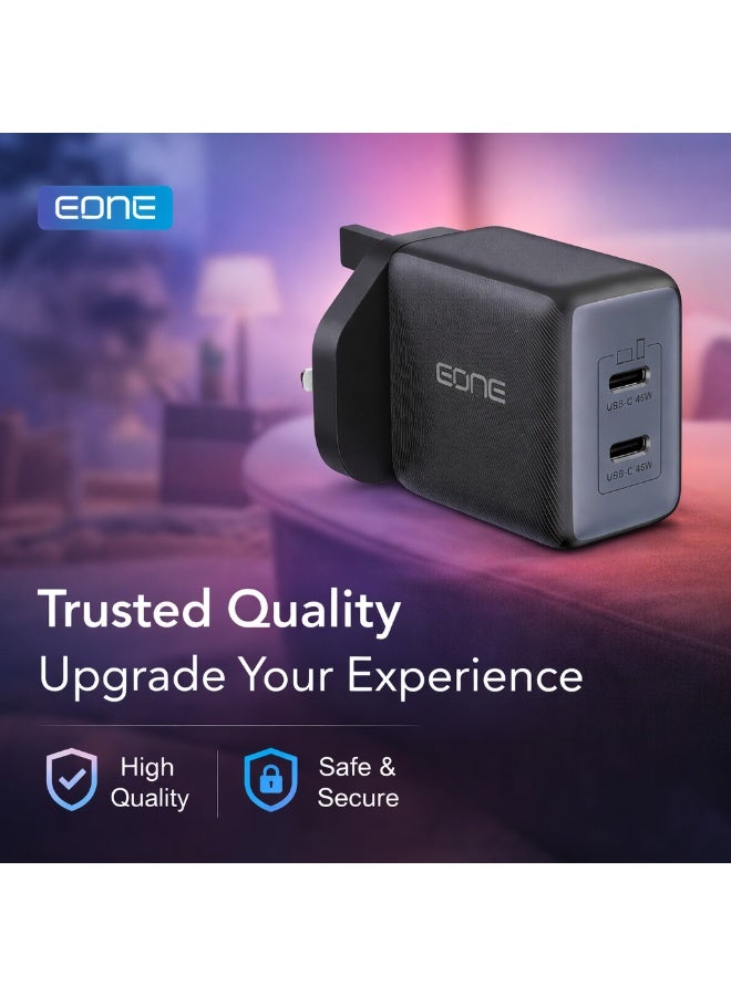 إيون شاحن EONE سريع الشحن بقوة 45 واط بمنفذي USB-C، قابس بريطاني، شاحن جداري سريع الشحن بتقنية PD مزود بمنفذي USB-C، شاحن صغير الحجم لأجهزة iPhone وSamsung والأجهزة اللوحية وأجهزة الكمبيوتر المحمولة - أسود - Image 4