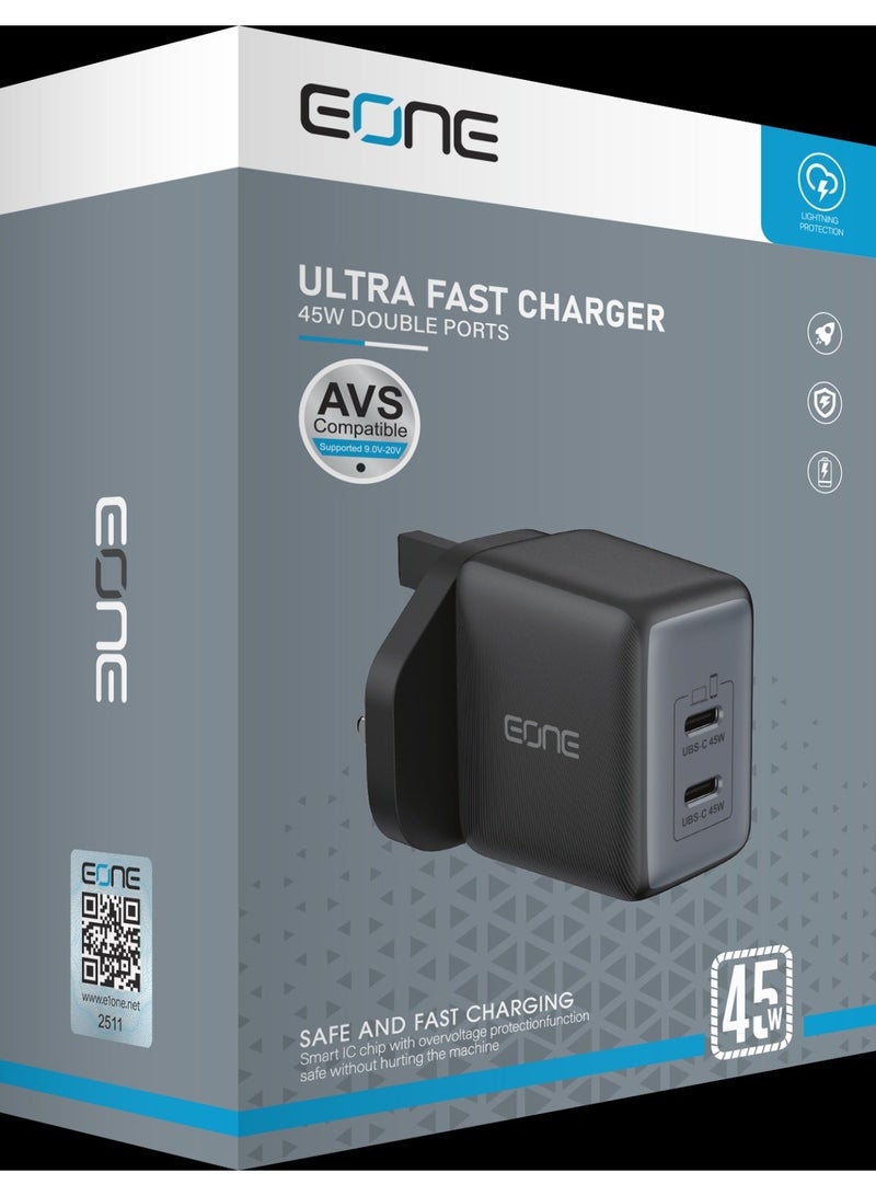إيون شاحن EONE سريع الشحن بقوة 45 واط بمنفذي USB-C، قابس بريطاني، شاحن جداري سريع الشحن بتقنية PD مزود بمنفذي USB-C، شاحن صغير الحجم لأجهزة iPhone وSamsung والأجهزة اللوحية وأجهزة الكمبيوتر المحمولة - أسود - Image 2