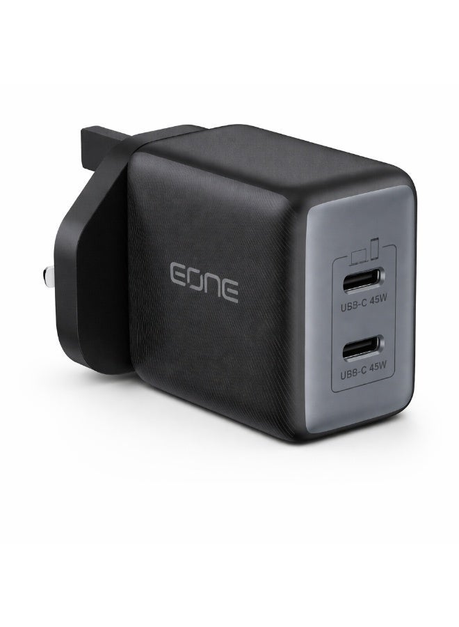 إيون شاحن EONE سريع الشحن بقوة 45 واط بمنفذي USB-C، قابس بريطاني، شاحن جداري سريع الشحن بتقنية PD مزود بمنفذي USB-C، شاحن صغير الحجم لأجهزة iPhone وSamsung والأجهزة اللوحية وأجهزة الكمبيوتر المحمولة - أسود - Image 1
