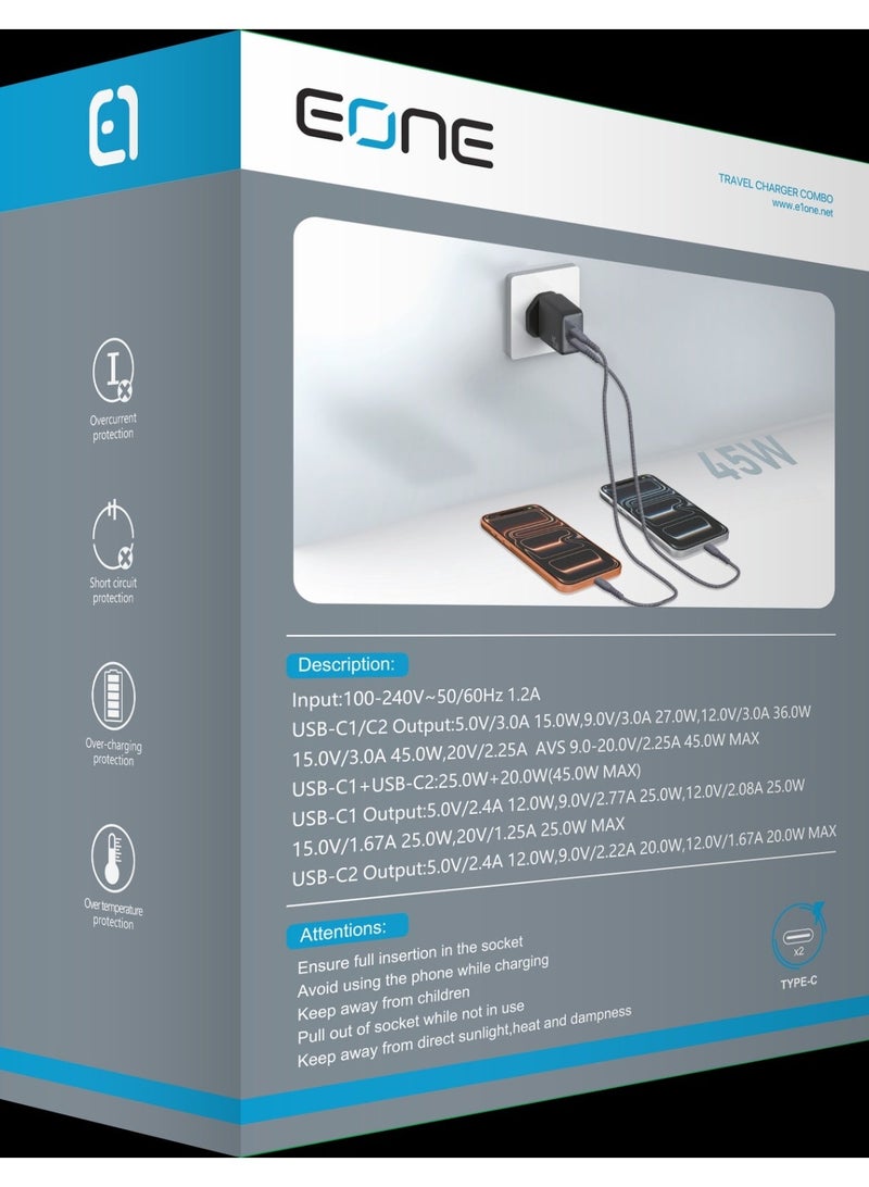 إيون شاحن EONE سريع الشحن بقوة 45 واط بمنفذي USB-C، قابس بريطاني، شاحن جداري سريع الشحن بتقنية PD مزود بمنفذي USB-C، شاحن صغير الحجم لأجهزة iPhone وSamsung والأجهزة اللوحية وأجهزة الكمبيوتر المحمولة - أسود - Image 3