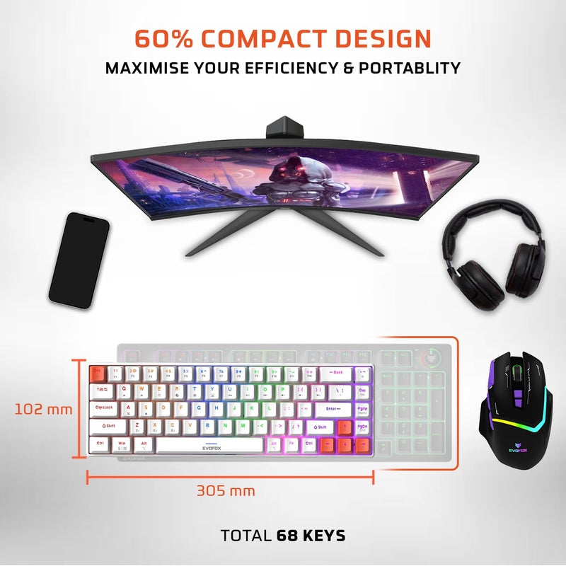 EvoFox Katana S Mini Wireless Mechanical Keyboard | Tri-Mode (3X BT, 2.4GHz & Wired) Connectivity | Hot-Swappable Red Switches | 68-Key Compact Layout | Rainbow Backlight | Rechargeable Battery - Image 5