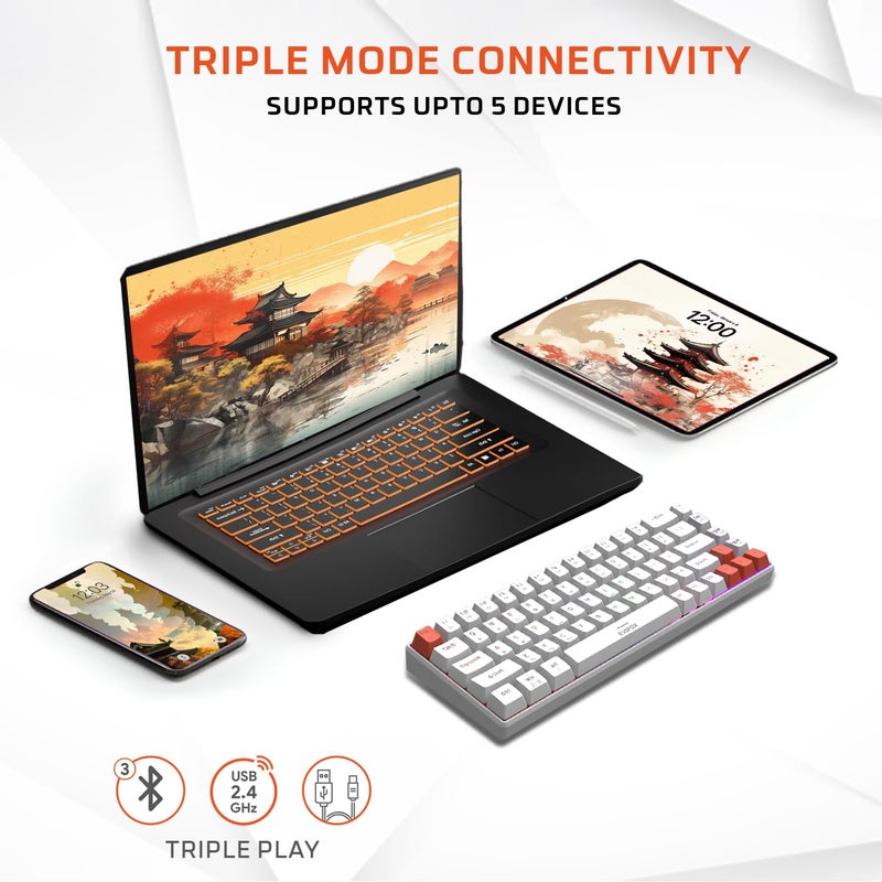 EvoFox Katana S Mini Wireless Mechanical Keyboard | Tri-Mode (3X BT, 2.4GHz & Wired) Connectivity | Hot-Swappable Red Switches | 68-Key Compact Layout | Rainbow Backlight | Rechargeable Battery - Image 2