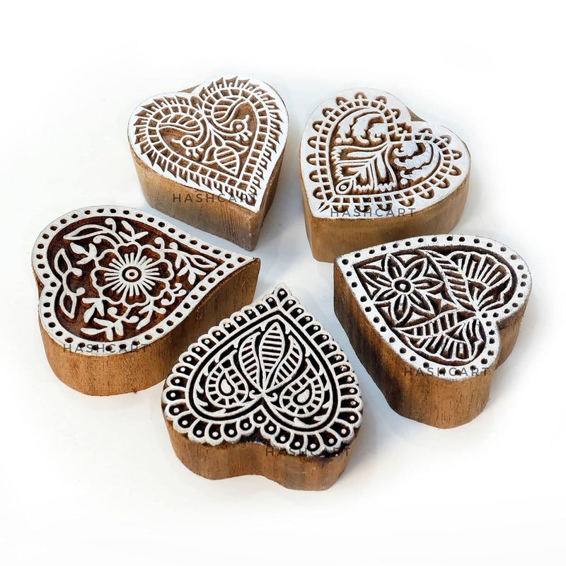 TWOGRAMS Heart Shape Wooden Block Stamps - Wooden Blocks for Block Printing Stamp for Crafting on Fabric, Clay & Henna Tattoo, Wood Stamps for Saree | Set of 5 | - Image 1