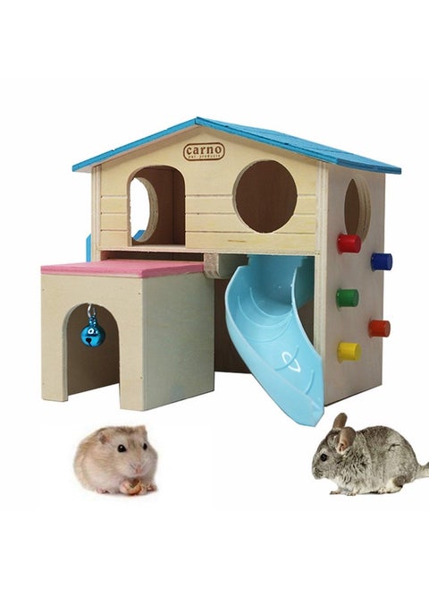 Hamster House Pets Small Animal Hideout With Funny Climbing Ladder Slide Wooden Hut Play Toys Chews For Small Animals Like Dwarf Hamster And Mouse(Blue)