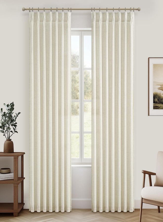 PleatedDrapes ستائر كتان مطوية، طول 84 بوصة، طقم من لوحتين لغرفة المعيشة، ستارة غرفة نوم شفافة بلون كريمي بيج ريفي، ستائر سميكة لتصفية الضوء والخصوصية، طول 7 أقدام، مزودة بحلقات خلفية. - Image 2