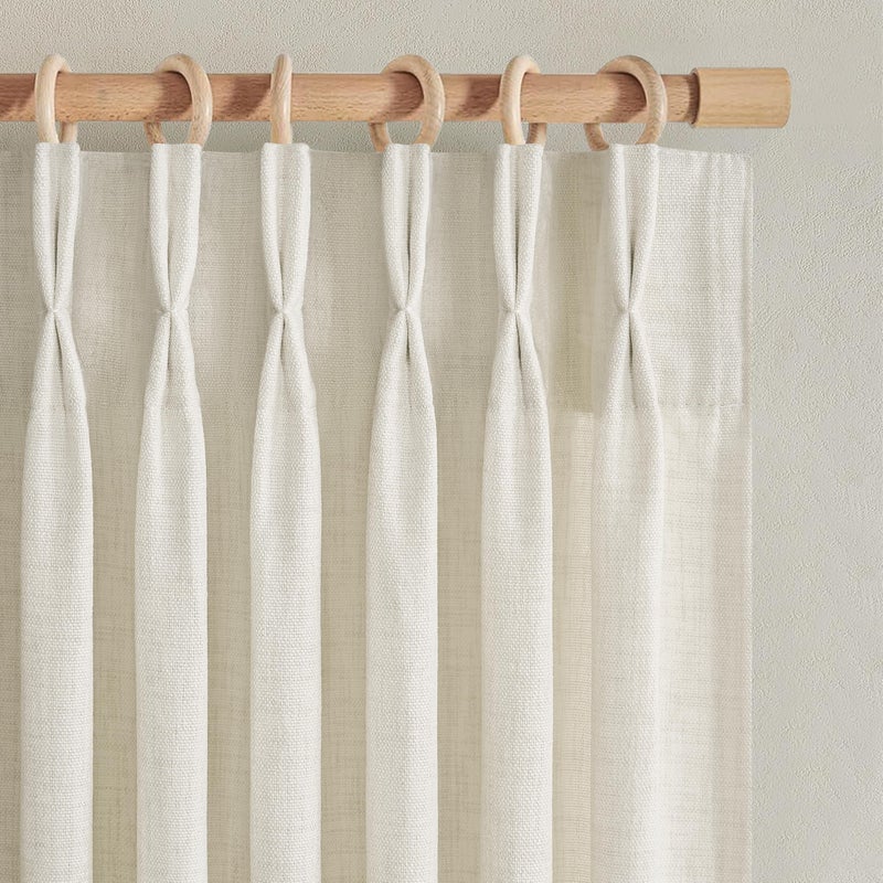PleatedDrapes ستائر كتان مطوية، طول 84 بوصة، طقم من لوحتين لغرفة المعيشة، ستارة غرفة نوم شفافة بلون كريمي بيج ريفي، ستائر سميكة لتصفية الضوء والخصوصية، طول 7 أقدام، مزودة بحلقات خلفية. - Image 1