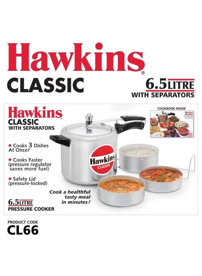 Hawkins 6.5 Litre Classic Pressure Cooker with Pots, Inner Lid Cooker with Separator Set, Silver (CL66)Aluminium - Image 2
