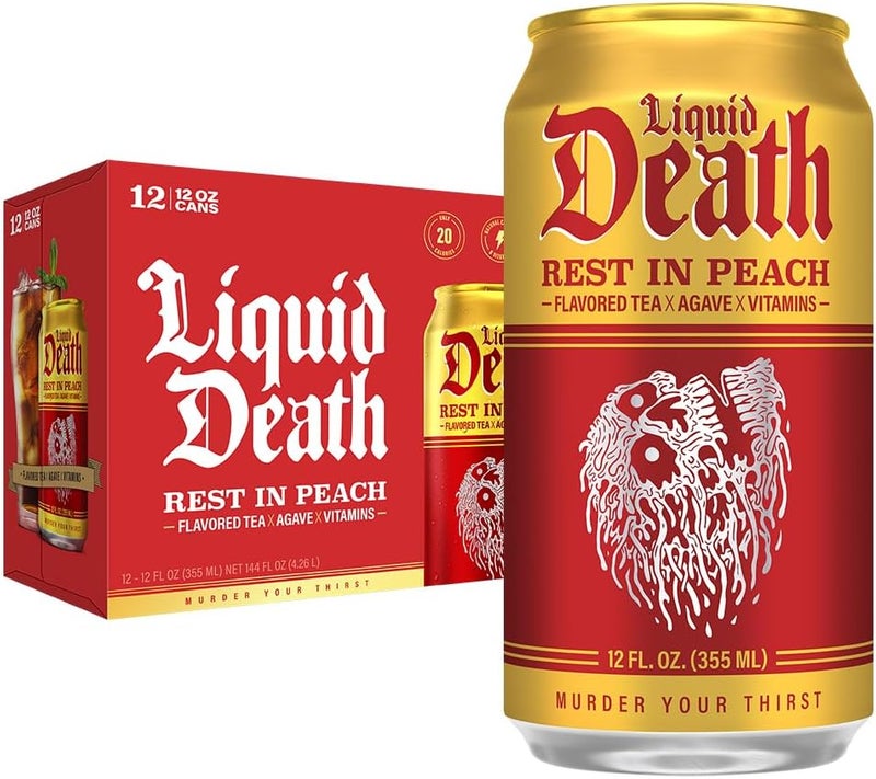 Liquid Death مشروب ليكويد ديث راحة في الخوخ شاي مثلج - عبوة 12 علبة سعة 12 أونصة، شاي أسود بنكهة الخوخ قليل السعرات الحرارية - Image 1