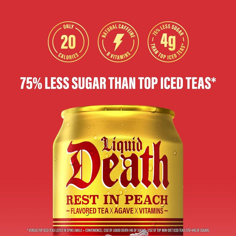 Liquid Death مشروب ليكويد ديث راحة في الخوخ شاي مثلج - عبوة 12 علبة سعة 12 أونصة، شاي أسود بنكهة الخوخ قليل السعرات الحرارية - Image 4