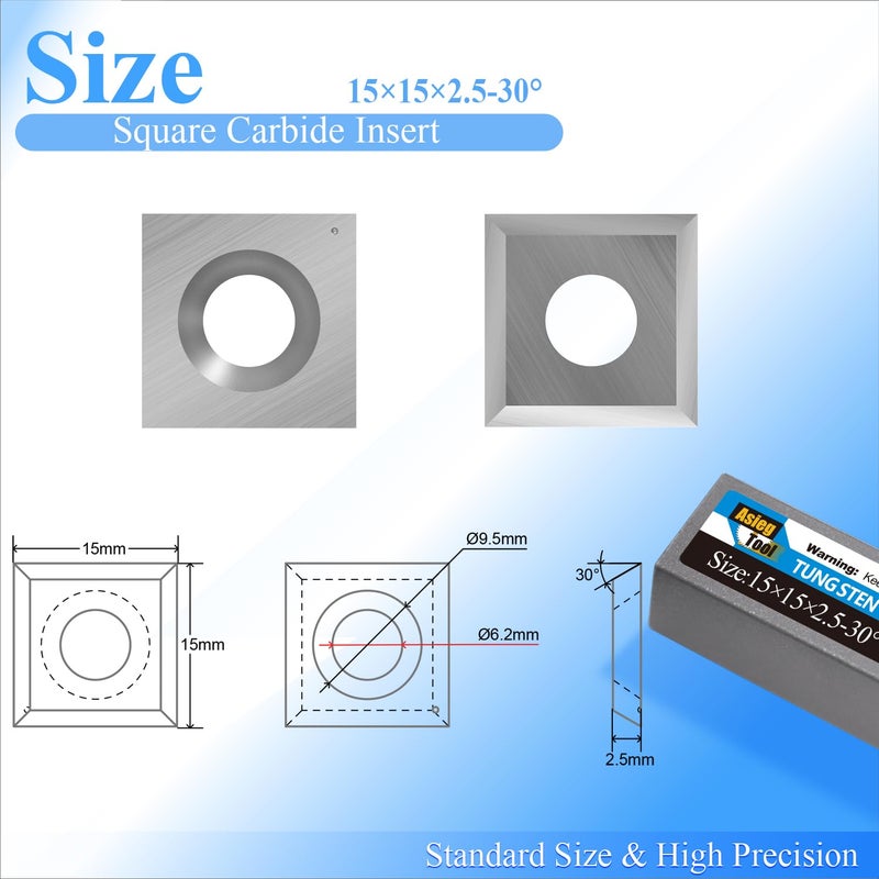 Asieg Tool 15mm Standard Square Straight Tungsten Carbide Replacement Cutter Inserts Knives 15mm x 15 x 2.5mm for Woodworking Spiral Helical Planer Head and DIY Wood Lathe Turning Tools 10pcs - Image 2