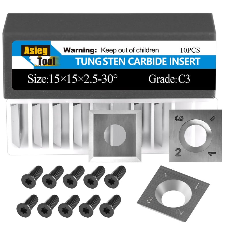 Asieg Tool 15mm Standard Square Straight Tungsten Carbide Replacement Cutter Inserts Knives 15mm x 15 x 2.5mm for Woodworking Spiral Helical Planer Head and DIY Wood Lathe Turning Tools 10pcs - Image 1