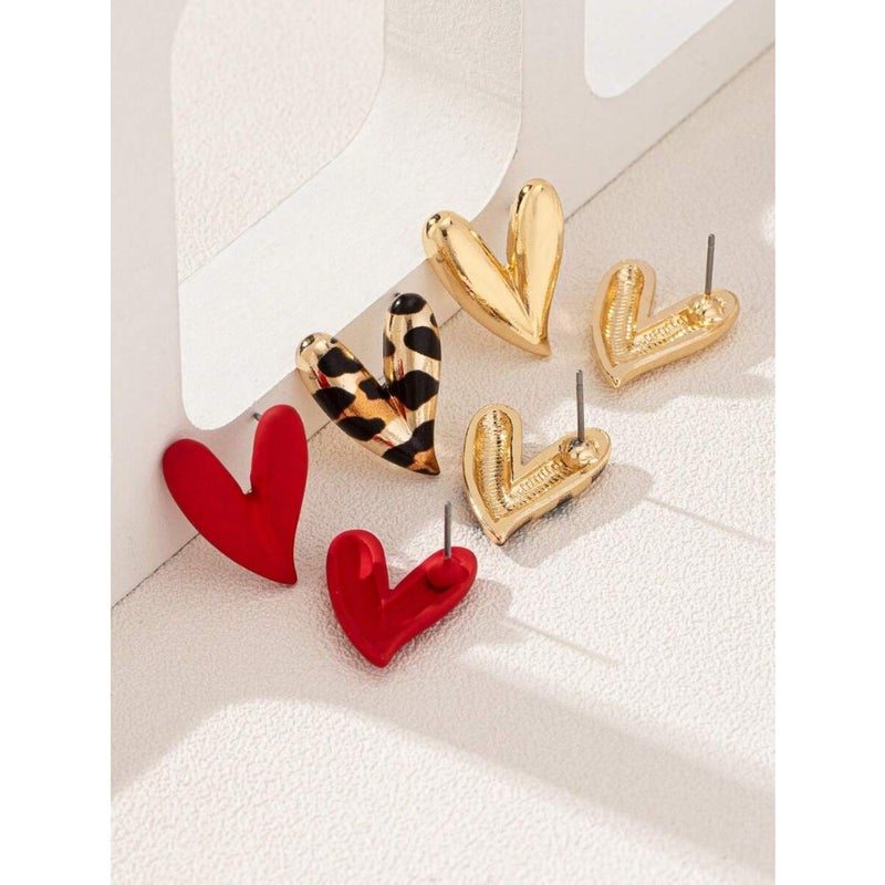 3 Pairs Fashion Personalized Metallic Enamel Leopard and Heart Stud Earring Set, Suitable For Party And Multiple Occasions For  Women - Image 5