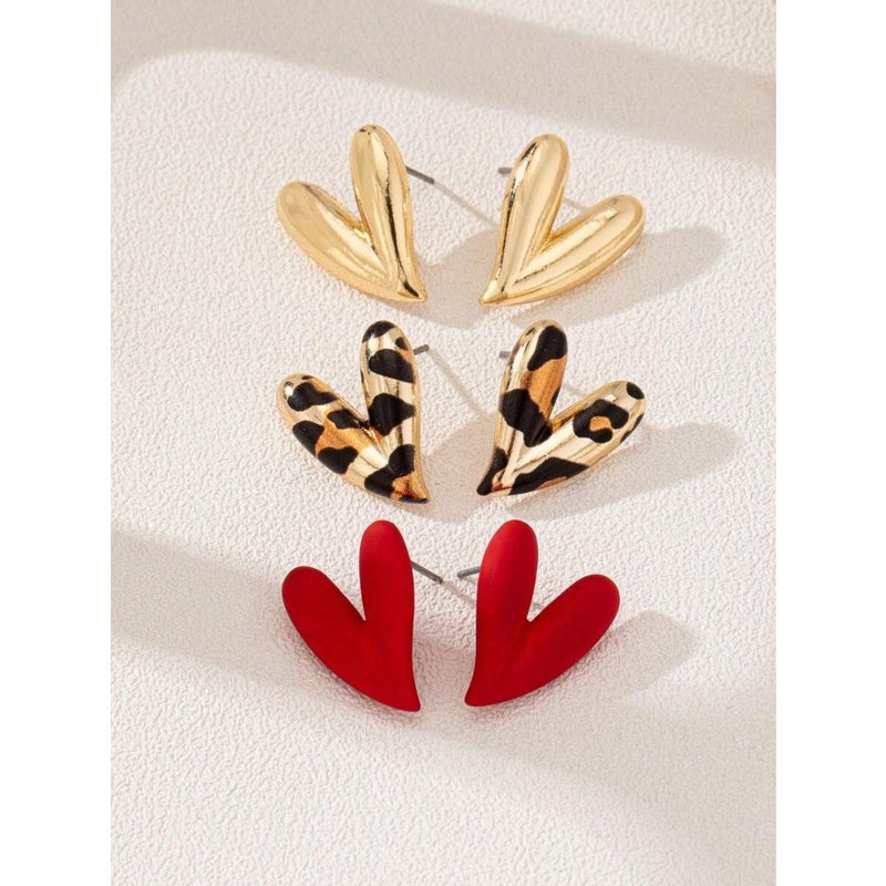 3 Pairs Fashion Personalized Metallic Enamel Leopard and Heart Stud Earring Set, Suitable For Party And Multiple Occasions For  Women - Image 4