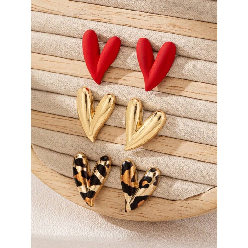 3 Pairs Fashion Personalized Metallic Enamel Leopard and Heart Stud Earring Set, Suitable For Party And Multiple Occasions For  Women - Image 1
