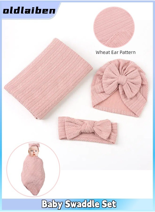 oldlaiben Baby Swaddle Blanket Wrap Cap 3 Set, Baby Swaddle And Quilt Set, Newborn Swaddling Blanket Three-piece Set, For Preemie Newborn Boys Girls（Pink）  - Image 1