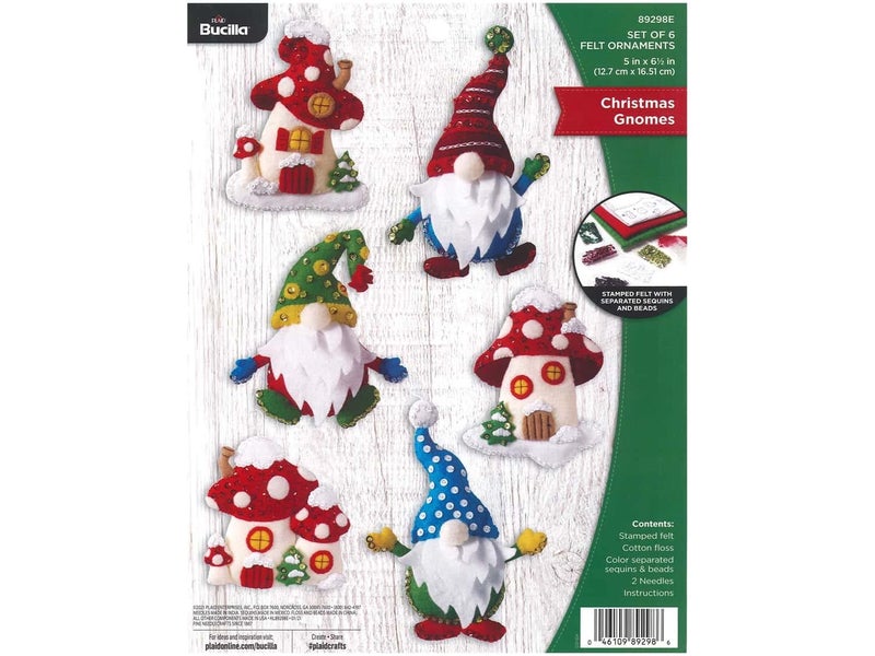 Bucilla Gnomes Felt Applique Christmas Ornaments Set of 6