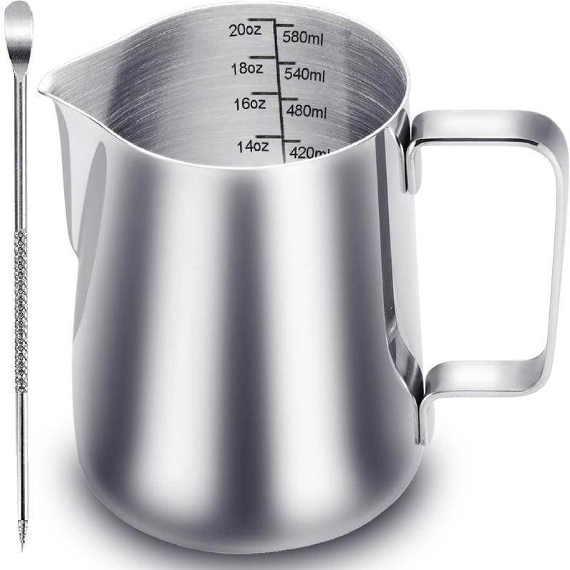 CAMKYDE CAMKYDE Milk Frothing Pitcher 20 oz Stainless Steel Espresso Steaming Pitcher with Decorating Pen for Coffee Espresso Machines Cappuccino Latte Art A Silver 