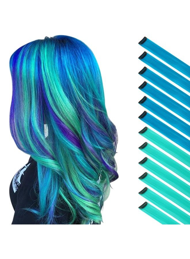 FESHFEN إضافات شعر ملونة - 12 قطعة بلون أزرق فواتح وأزرق ملكي، قطع شعر مستقيمة صناعية قابلة للتثبيت للنساء بطول 22 بوصة - Image 1