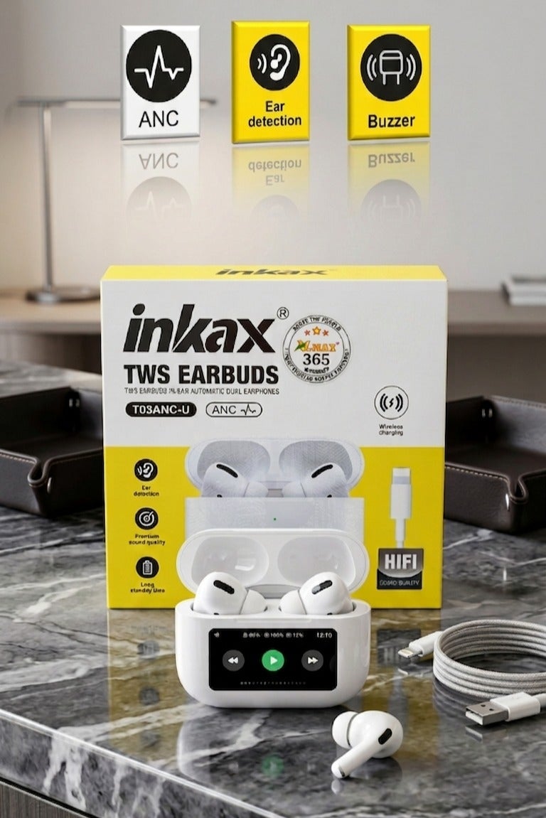 إنكاكس سماعات أذن لاسلكية Inkax T05D-ANC-U مع علبة بشاشة لمس ملونة LCD مدمجة، وخاصية إلغاء الضوضاء النشطة، وصوت ستيريو عالي الدقة - أبيض - Image 1