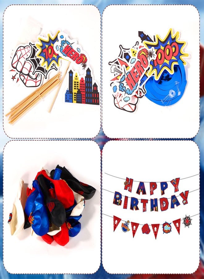 XIHIRCD زينة حفلات أعياد الميلاد بطابع العنكبوت، تشمل لوازم تزيين حفلات أعياد الميلاد: لافتة "عيد ميلاد سعيد"، بالون لاتكس، زينة حلزونية معلقة، زينة للكيك، مجموعة أعلام مثلثة لتزيين خلفية حفلة عيد ميلاد الأطفال بطابع الأبطال الخارقين - Image 4