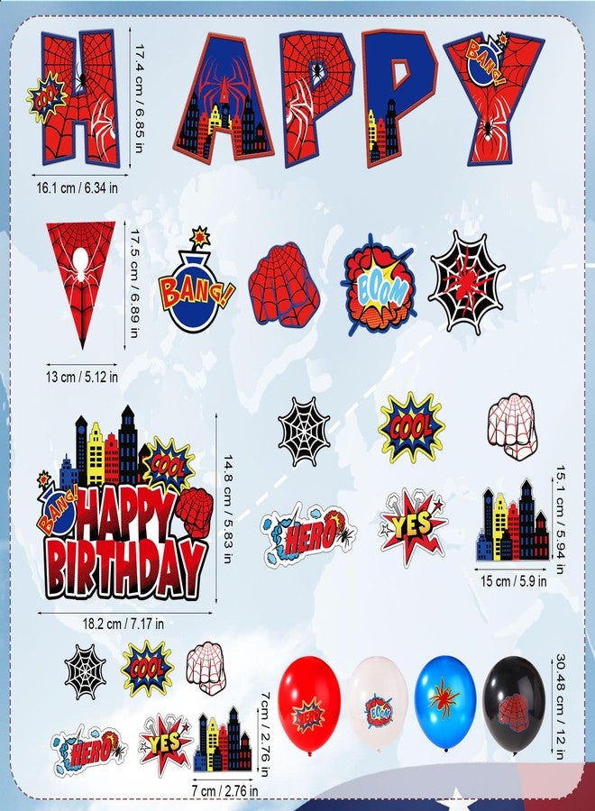 XIHIRCD زينة حفلات أعياد الميلاد بطابع العنكبوت، تشمل لوازم تزيين حفلات أعياد الميلاد: لافتة "عيد ميلاد سعيد"، بالون لاتكس، زينة حلزونية معلقة، زينة للكيك، مجموعة أعلام مثلثة لتزيين خلفية حفلة عيد ميلاد الأطفال بطابع الأبطال الخارقين - Image 2