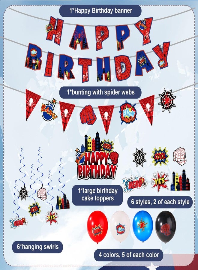 XIHIRCD زينة حفلات أعياد الميلاد بطابع العنكبوت، تشمل لوازم تزيين حفلات أعياد الميلاد: لافتة "عيد ميلاد سعيد"، بالون لاتكس، زينة حلزونية معلقة، زينة للكيك، مجموعة أعلام مثلثة لتزيين خلفية حفلة عيد ميلاد الأطفال بطابع الأبطال الخارقين - Image 3