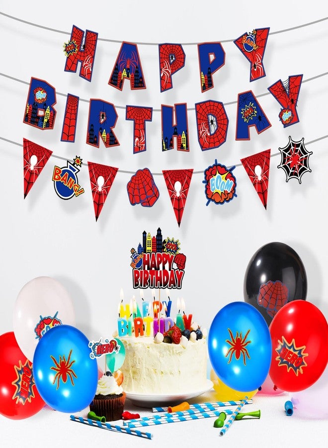 XIHIRCD زينة حفلات أعياد الميلاد بطابع العنكبوت، تشمل لوازم تزيين حفلات أعياد الميلاد: لافتة "عيد ميلاد سعيد"، بالون لاتكس، زينة حلزونية معلقة، زينة للكيك، مجموعة أعلام مثلثة لتزيين خلفية حفلة عيد ميلاد الأطفال بطابع الأبطال الخارقين - Image 5