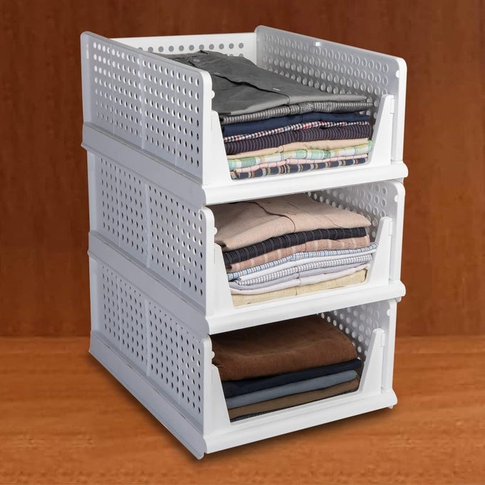 SET OF 3 STACK IT UP LARGE CLOTH STACKER FOLDABLE SHIRT STORAGE STACKER FOR WARDROBE PLASTIC STACKABLE CLOSET ORGANIZER WHITE 44L X 33W X 19H CENTIMETERS