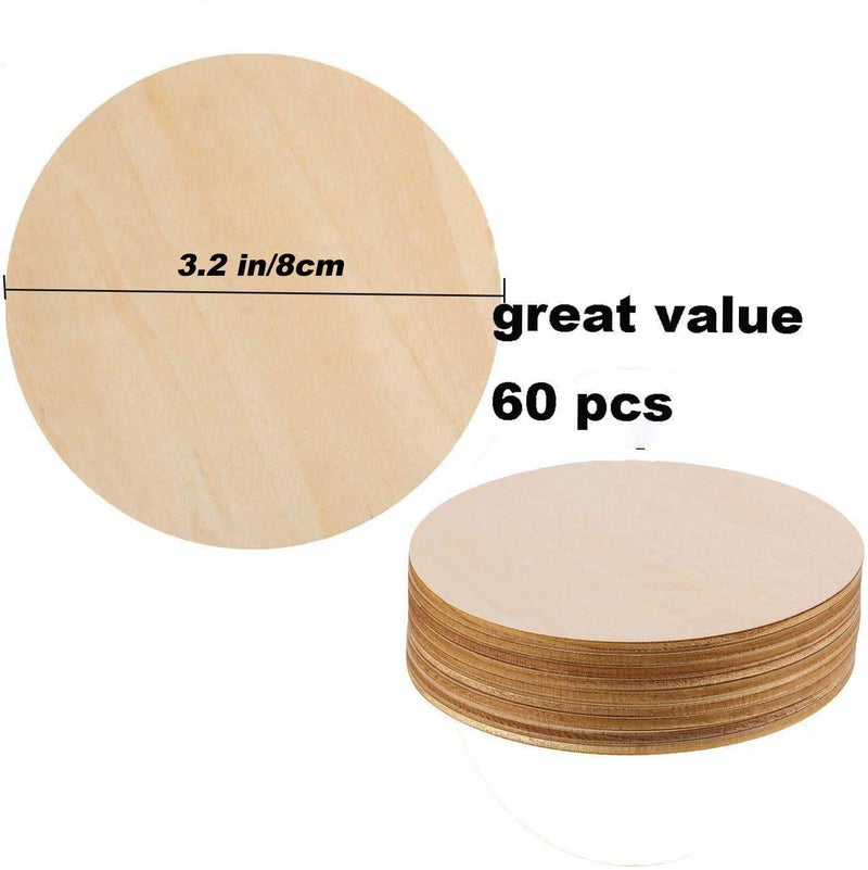 Phinicco 60 Pack 3 Inch Unfinished Wood Circles - Wooden Cutouts for Crafts, Painting & Wood Burning; Ideal for Coasters & Home Decor - Image 3