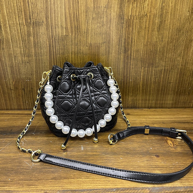 Korean Style High-End Sense Fragrant Pearl Bucket Bag Arrival Diamond Plaid Chain Handbag Fashionable All-Match Shoulder Bag - Image 1