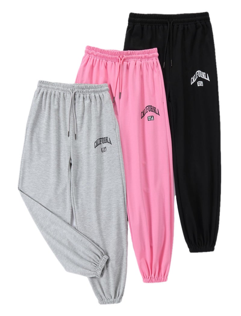 EXARUS Girls Sweatpants Joggers Sweat Pants 3 Pack Kids with Pockets Drawstring Baggy High Waisted Preppy Cute Youth 12Y