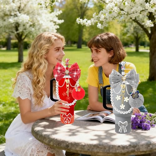 FRZSHENG Bling Accessories for Stanley Cup 20/30/40 oz Tumbler, Glitter Bow & Diamond Straw Topper Set with Silicone Boot, Pearl Handle Strap, Keychain Charms, Pink Decor for Women and Girls (Gray) - Image 5