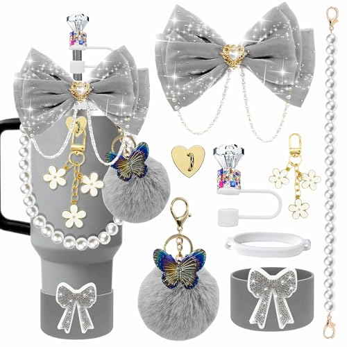 FRZSHENG Bling Accessories for Stanley Cup 20/30/40 oz Tumbler, Glitter Bow & Diamond Straw Topper Set with Silicone Boot, Pearl Handle Strap, Keychain Charms, Pink Decor for Women and Girls (Gray) - Image 2
