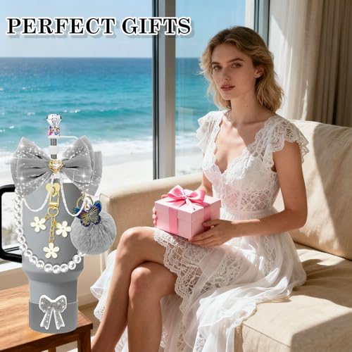 FRZSHENG Bling Accessories for Stanley Cup 20/30/40 oz Tumbler, Glitter Bow & Diamond Straw Topper Set with Silicone Boot, Pearl Handle Strap, Keychain Charms, Pink Decor for Women and Girls (Gray) - Image 4